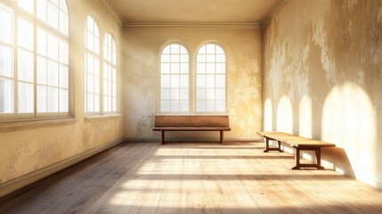 Sunlit Empty Room with Wooden Benches and Arched Windows