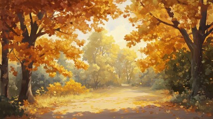 Autumn pathway through vibrant golden trees in serene forest setting