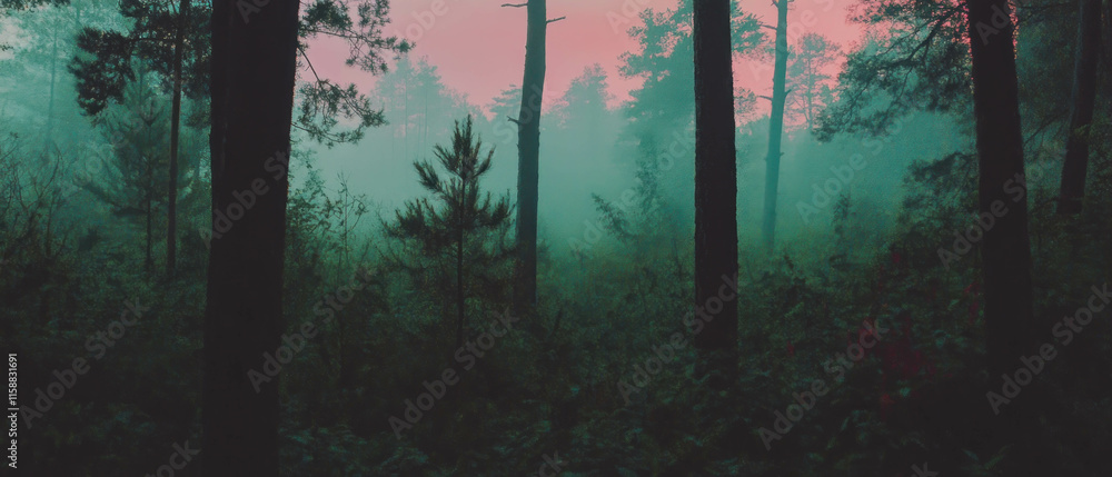 Poster Soft pastel bokeh overlay texture enhancing a tranquil forest atmosphere