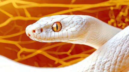Fototapeta premium Chinese New Year. White snake with striking orange background and vibrant eyes.