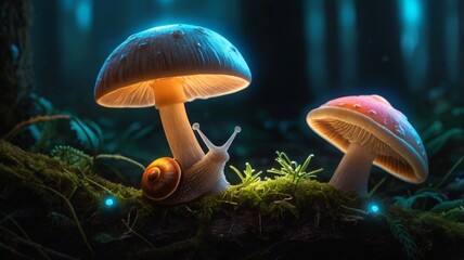 snail with mushroom in the forest