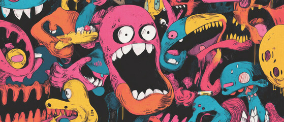 Whimsical doodles featuring playful monsters and colorful characters in vibrant patterns