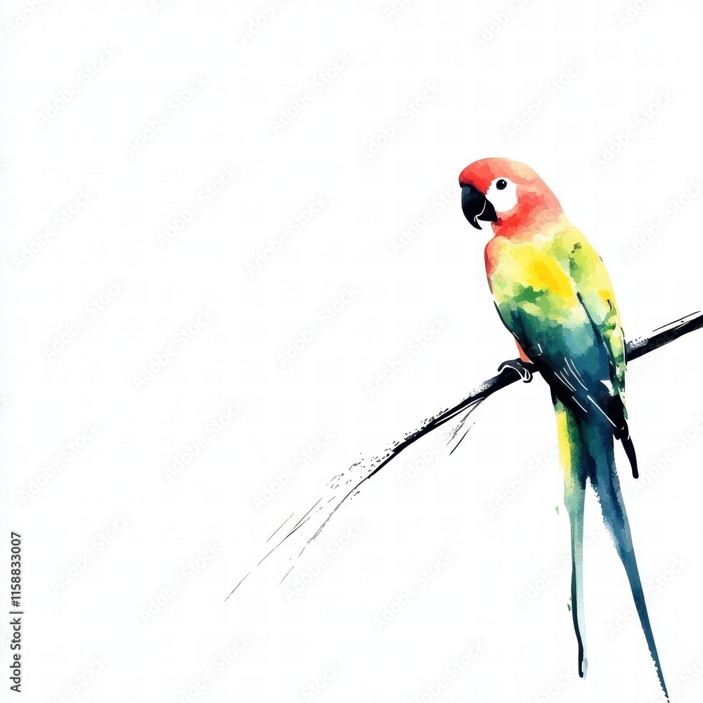 Poster Bright parrot illustrated perched on a branch with ample copy space for design purposes. Generative AI