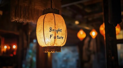 Illuminated paper lantern with "Bright Future" message hangs in dimly lit interior.