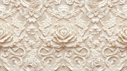 Obraz premium Exquisite Floral Lace Texture Featuring Intricate 3D Rose Embellishments in Elegant Cream Tones