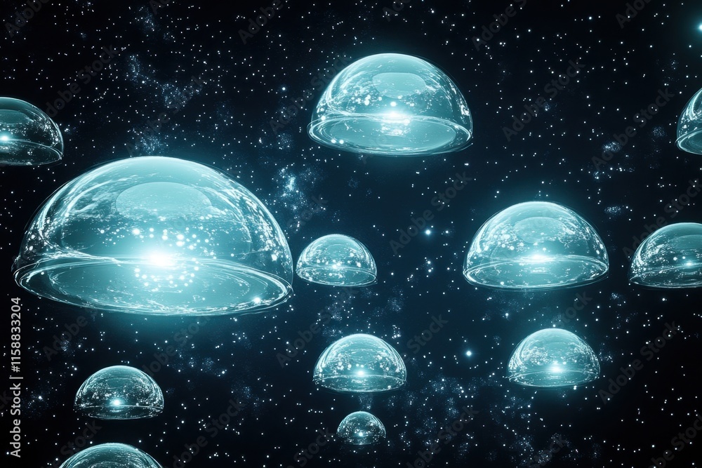 Poster floating transparent domes in a cosmic space background create an otherworldly atmosphere