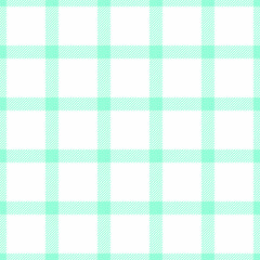 Designer plaid texture seamless, striped vector fabric textile. 1960s background check tartan pattern in mint and white colors.