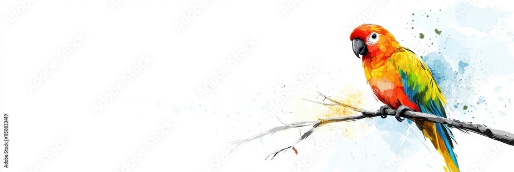 Poster Bright parrot perched on a branch with colorful feathers and vibrant splashes in a nature inspired mockup. Generative AI