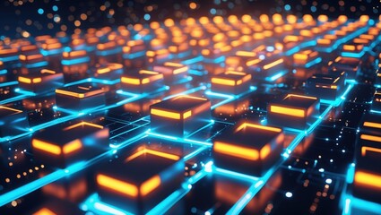 Fototapeta premium Futuristic Digital Grid with Neon Cubes