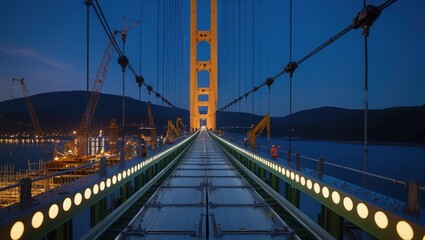 Fototapeta premium Illuminated bridge at dusk amidst construction sites