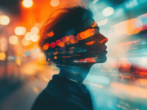 Artistic depiction of overstimulation, vibrant lights, and blurred lines surrounding a person's profile with a tired expression
