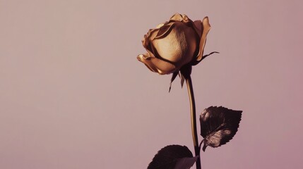 A lone rich gold rose isolated against a light lavender background, close-up shot, Minimalist style