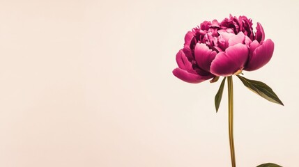 Fototapeta premium A lone rich magenta peony isolated against a light beige background, close-up shot, Minimalist style