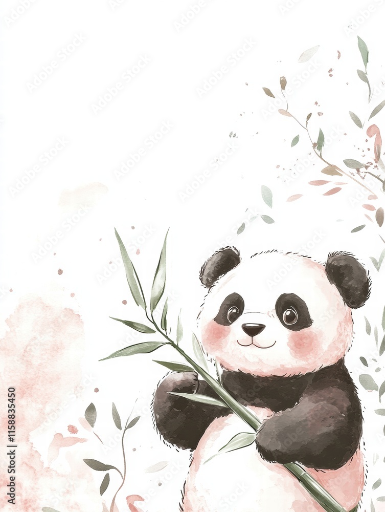 Poster Cute panda holds bamboo with gentle expression in serene environment perfect for adding custom text. Generative AI