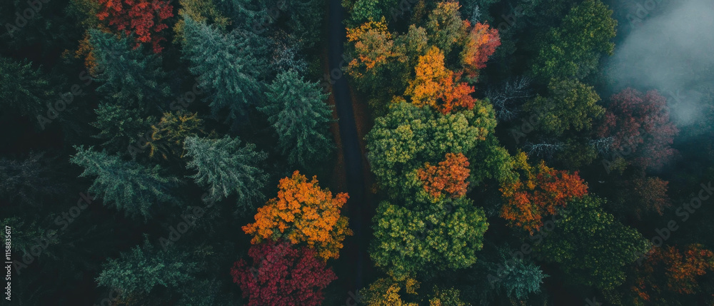 Poster cinematic top view of a misty forest path with vibrant autumn colors