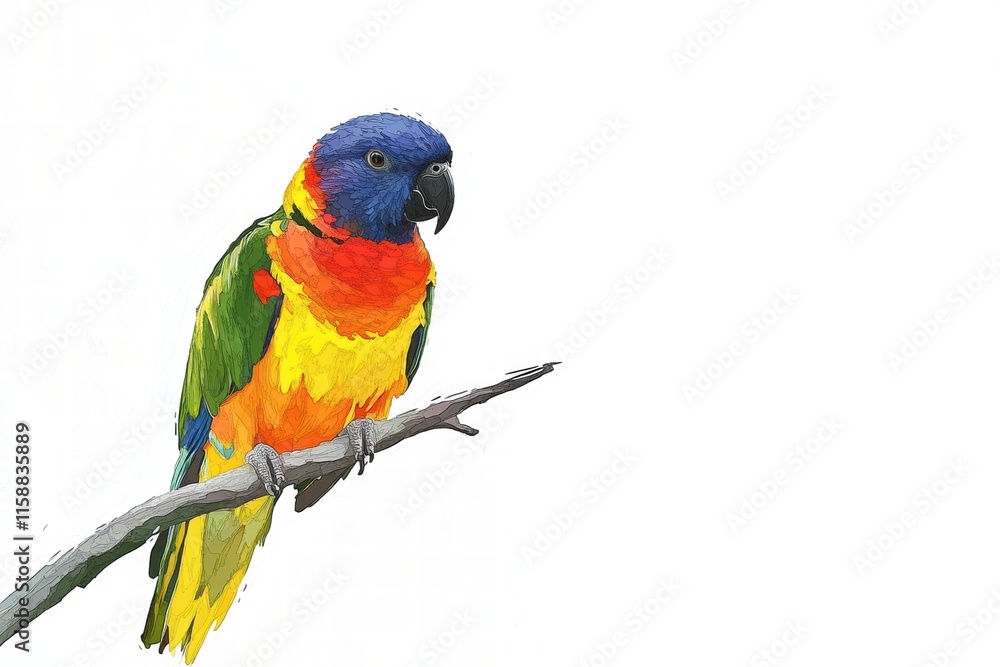 Poster bright parrot illustrated perched on a branch with vivid colors and plenty of space for text or desi