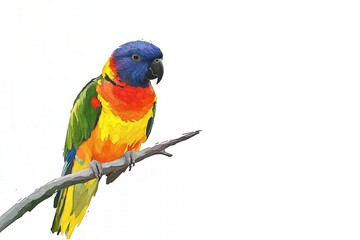 Obraz premium Bright parrot illustrated perched on a branch with vivid colors and plenty of space for text or design elements. Generative AI