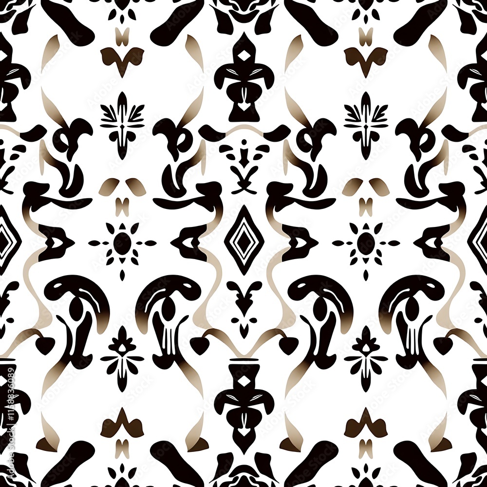 Poster black and white damask pattern: geometric shapes and intricate floral motifs intertwine in a black a