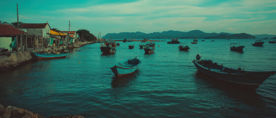 Obraz premium Cinematic view of a tranquil bay with fishing boats under a colorful sky