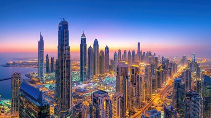 Naklejka premium Stunning sunrise cityscape panorama with skyscrapers, roads, and harbor.