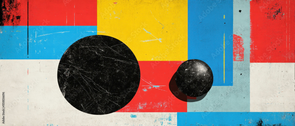 Poster overlay texture featuring abstract geometric shapes with contrasting colors and forms
