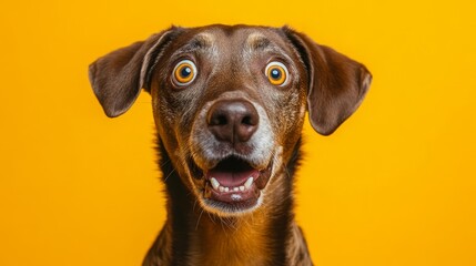 Cute Dog with Surprised Expression on Bright Yellow Background, Intriguing Pet Portrait, Funny Animal Close-Up