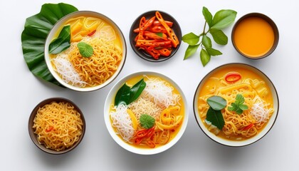 Exotic Kanom Jeen Noodle Dish with Coconut and Rice, Fresh Herbs, and Vibrant Toppings