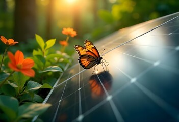 Monarch butterfly resting on solar panel in green field at sunset