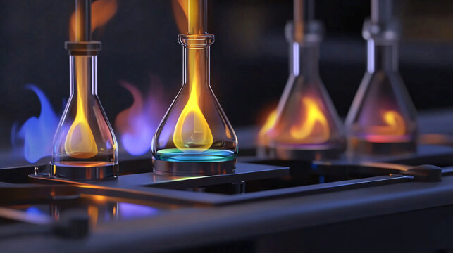 An animated video still showing a Bunsen burner being adjusted to produce different flame colors for various reactions.