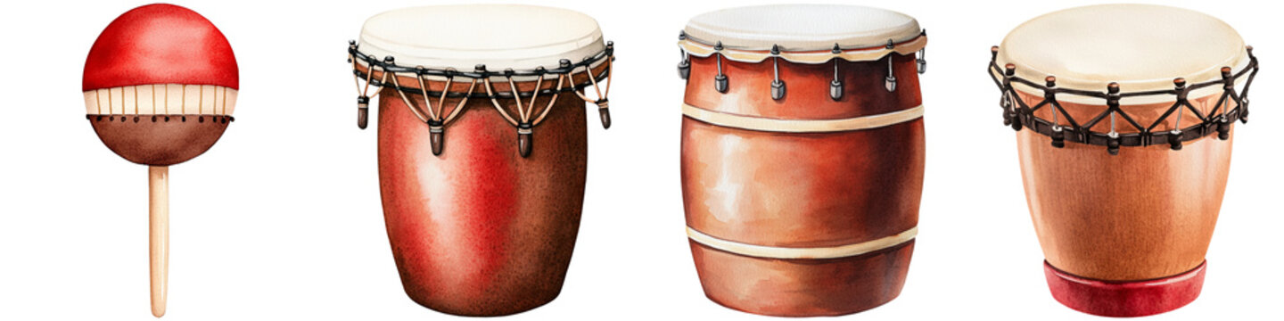 2024 Grammy Concept, A collection of percussion instruments including a maraca and various drums with distinctive finishes and textures.