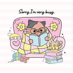 Cute Groovy Retro Winter Bookish Cat Reading on Cozy Sofa with Books Illustration Hand Drawn Doodle.