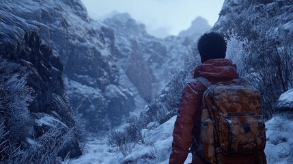 Man hiking snowy mountain pass.
