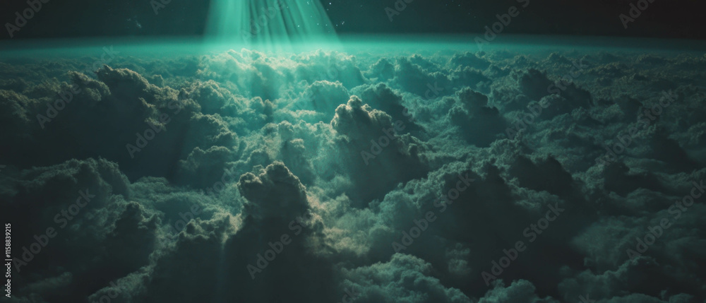 Poster Light rays breaking through clouds creating a serene and transformative atmosphere