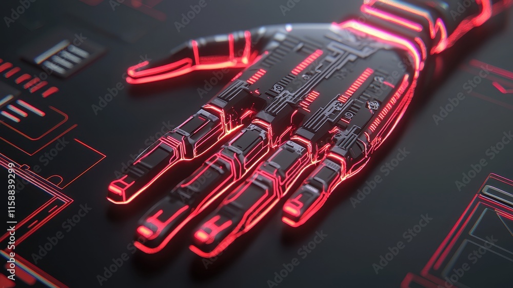 Poster futuristic robotic hand cyberpunk technology digital red glowing circuits ai vr 3d render