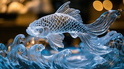Obraz premium Illuminated Ice Sculpture of a Koi Fish Swimming Through Waves Illuminated Ice Artistry Koi Fish Frozen Elegance Winter Festival Ice Sculptures
