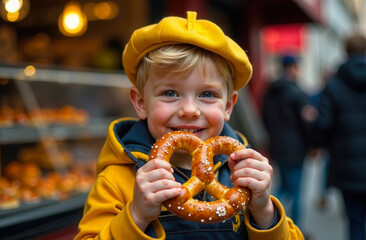 Happy boy eating a pretzel near a bakery. A child boy in a yellow beret holds pastries in his hands on the street. A child with a bun in his hands.