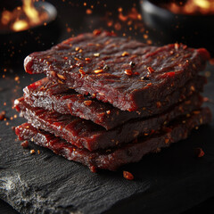 Six Thick Steaks with Brown Crust, Seasoned, Glossy Texture, Dark Background, Cooking or Barbecue Theme