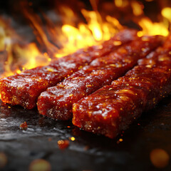 Grilled Sausages, Golden-brown Sauce, Hot Charcoal Surface, Barbecue Culture