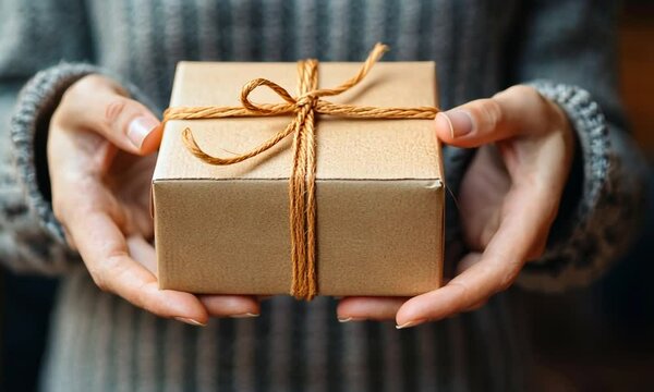 A person holds a neatly wrapped gift box with twine.