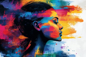Colorful abstract portrait of a woman's face in profile, vibrant hues and paint strokes.