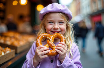Happy girl eating a pretzel near the bakery. A child girl in lilac clothes holds a pastry in her hands on the street. A child with a bun in his hands.
