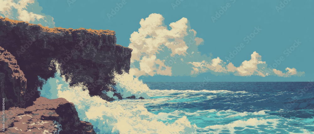 Poster rugged cliffs tower above crashing waves in a serene coastal landscape