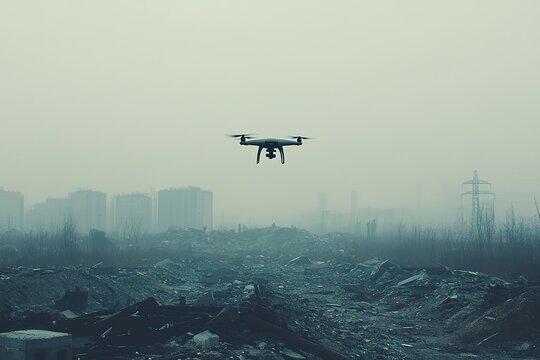 lone military drone hovering above industrial wasteland with faint details of debris and structures visible in background