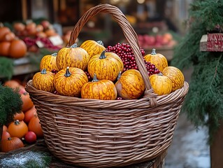 Autumn harvest basket with pumpkins and berries.