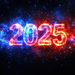 "Celebratory 2025 New Year, Sparkling Text and Fireworks, Dark Background for Advertising and Promotional Materials"