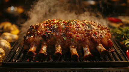 Large Roast with Herbs and Spices on Open Grill in Food Prep Area, Showcasing Texture and Appeal