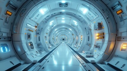 Futuristic spaceship corridor with glowing lights.