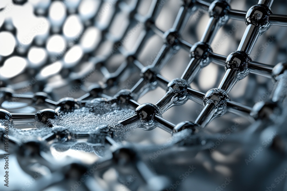 Poster exploring the intricate details of a metallic mesh structure with reflective surfaces