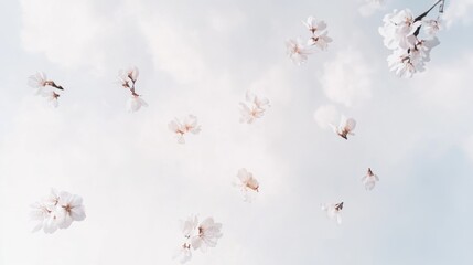 A minimalist composition of delicate cherry blossoms on a clear sky background, aerial shot, Naturalistic style