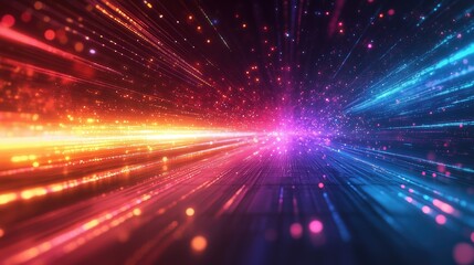 Multiple glowing light beams forming straight lines, high-tech abstract composition on dark background